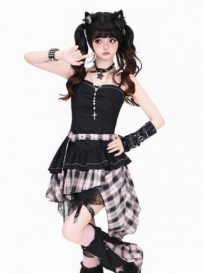 Black & Pink Plaid Asymmetric Hem Cami Dress - CRAZY GIRL