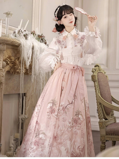 Pink Embroidered Floral Lace-Edged Hanfu-Style Lolita Cape in White - Han Ru Chu Hanfu &amp; Han-Element Studi