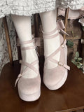 Plateauschuhe mit Keilabsatz und Schleife, Samt-Design, kreuz und quer, Rosa - Accent Sweet