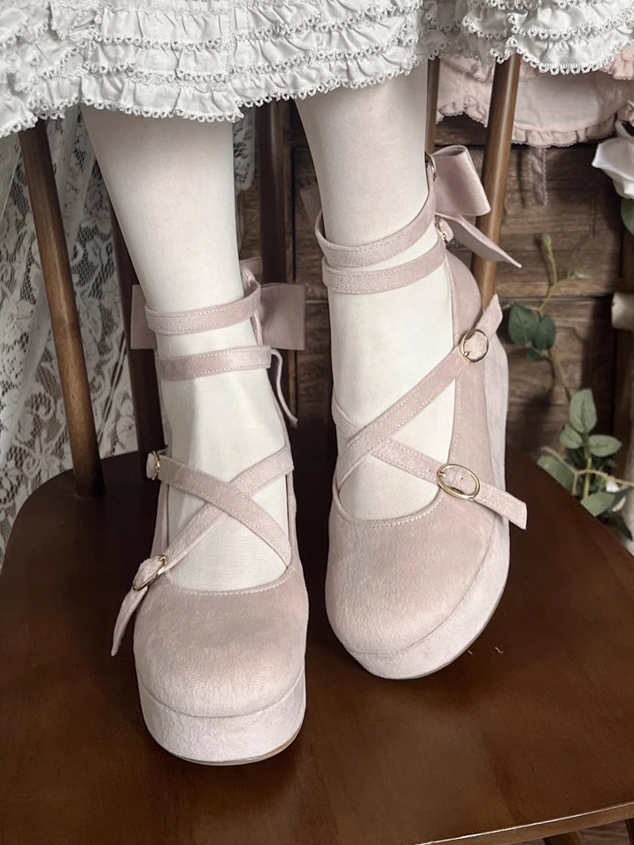 Plateauschuhe mit Keilabsatz und Schleife, Samt-Design, kreuz und quer, Rosa - Accent Sweet