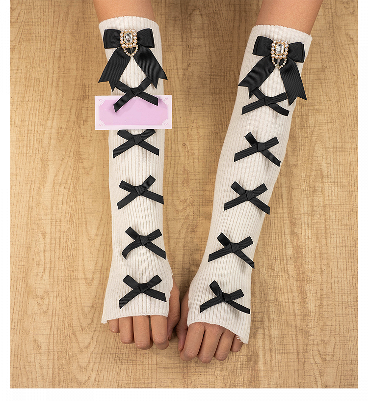 Jirai Gloves Square | Rhinestone Kei 4 Multiple Knit Fingerless Bows Colors
