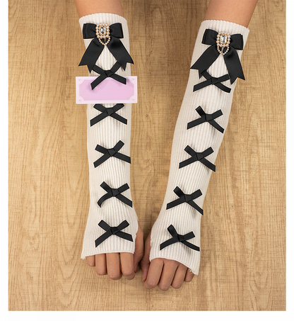 Jirai Gloves Square | Rhinestone Kei 4 Multiple Knit Fingerless Bows Colors