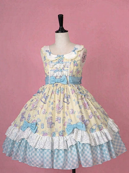 Adorable Lolita JSK Gown in Yellow and Blue with Lace Trim Detail - Vcastle