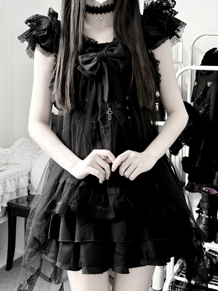 Onyx Landmine Trio: Camisole Dress, Asymmetric Tulle Overlay, Choker - Pink Rabbit