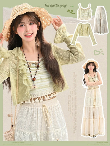 Kawaii Spitzen-Cardigan mit grünem Rüschensaum und ausgehöhltem Yume