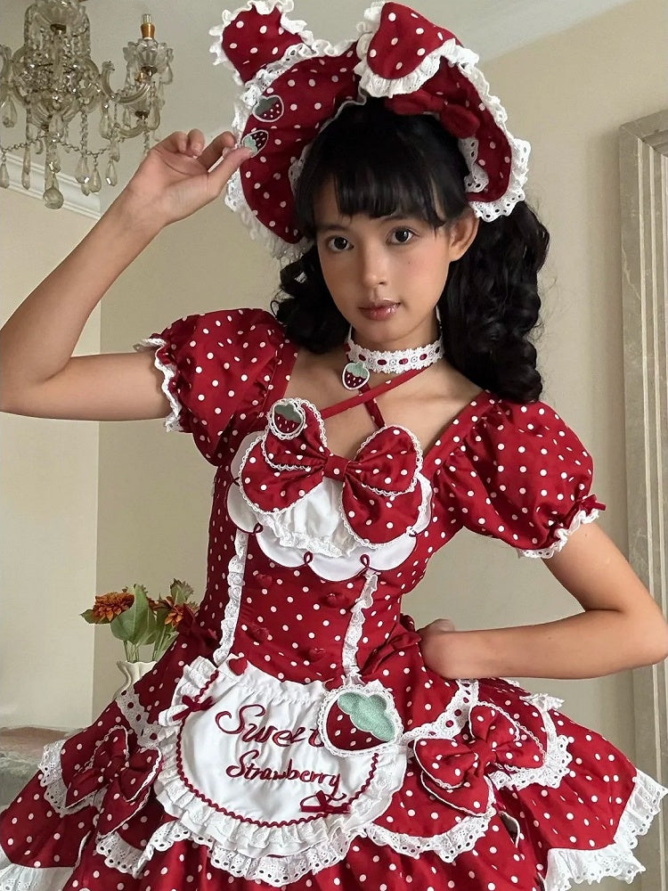 Hairband Retro Themed with Bow Dress Strawberry Ear + Bunny Details OP Polka Lolita Lace Red and Dot