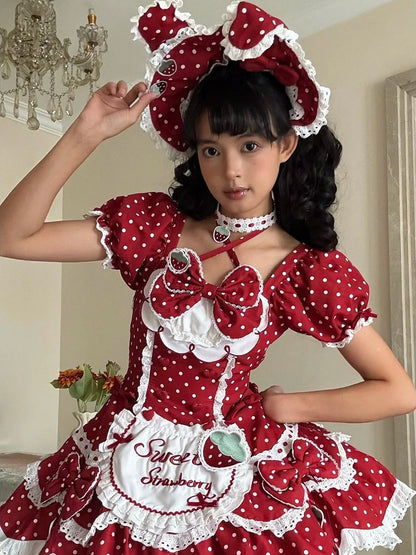 Hairband Retro Themed with Bow Dress Strawberry Ear + Bunny Details OP Polka Lolita Lace Red and Dot
