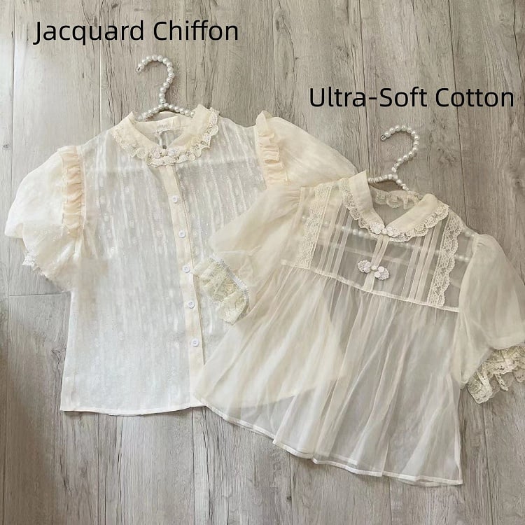 Beige Short-Sleeve Lolita Jacquard Chinoiserie Blouse Chiffon