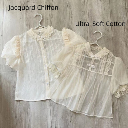 Beige Short-Sleeve Lolita Jacquard Chinoiserie Blouse Chiffon