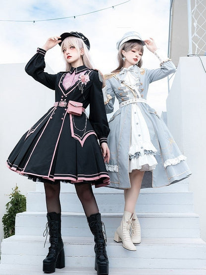 Military with Hem Buttons Blue and Ruffled Dress White Lolita Gold-tone