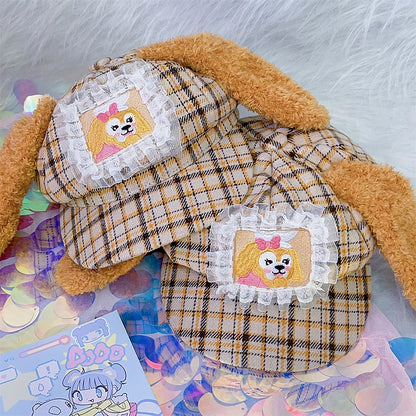 Yellow Plaid Pattern Puppy Plush Ears Adjustable Beret