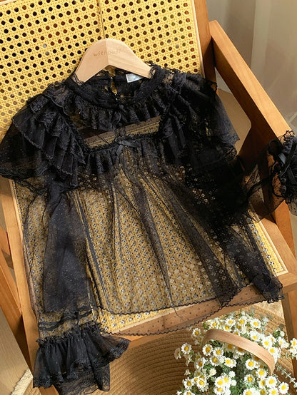 Dots Long Top Tulle Sleeves Black Sheer Lace