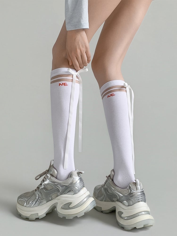 Striped Calf Socks in Milk White with Bow & Letter Details - Night Experiment