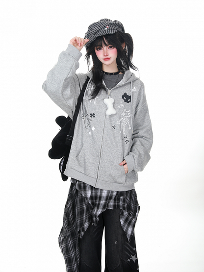 Zip-Up Gray/Black Print- Detail Cat Cat-Ear Adorable and Regular/Fleece Hoodie Lining with Options Lace-Up