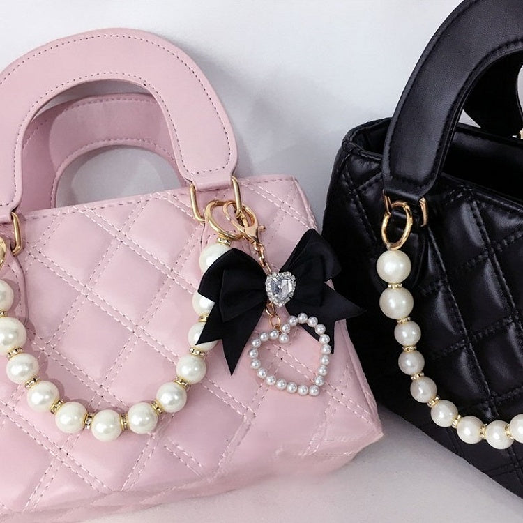 Pink/Black Top-Handle Quilted Beads Bag Bow