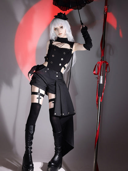 Gothic Lolita Black Top with Asymmetrical Design, Metal Buckle Detail, Shorts and Wrist Cuffs Set - Unknown Star