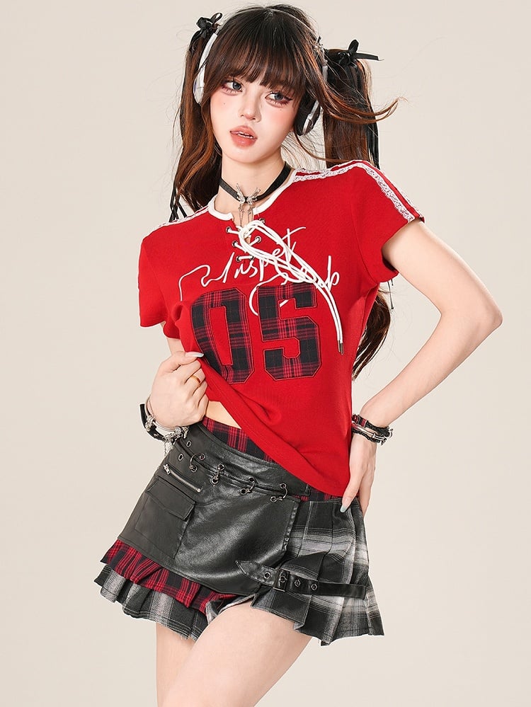 アップリケTシャツ コア チェック柄 レッドディテール レースアップ パターントリム ブロケット レースナンバー