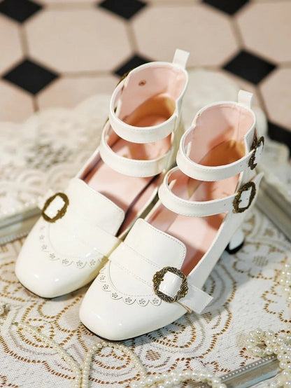 Details Lolita Elegant Mid-Heel Three-Strap Mary Rose Creamy Janes Closure White Romantic -