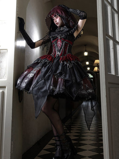 Black & Red Bone Dragon Embroidery Halter Neck Gothic Lolita Dress Set - Ying Luo Fu