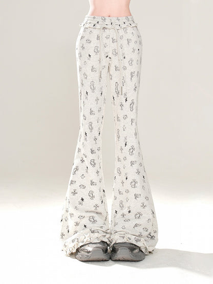 Gray Glamorous Kitty and Cross Print Drawstring Flared Pants Waist