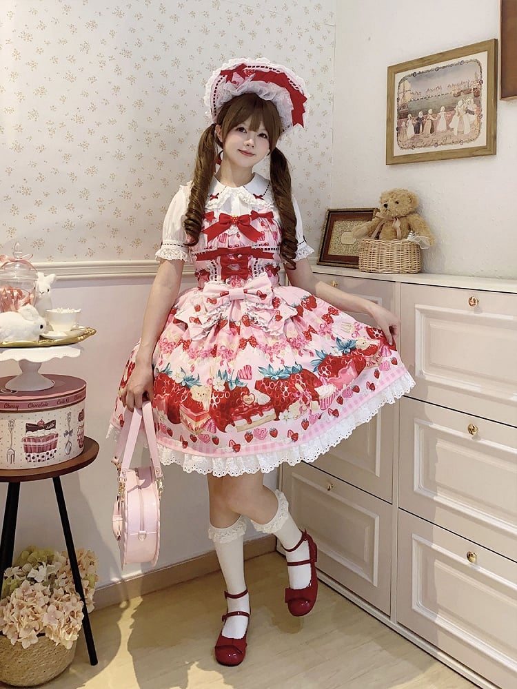 Drucken Erdbeerkleid Pink Dessert und Lolita Sweet