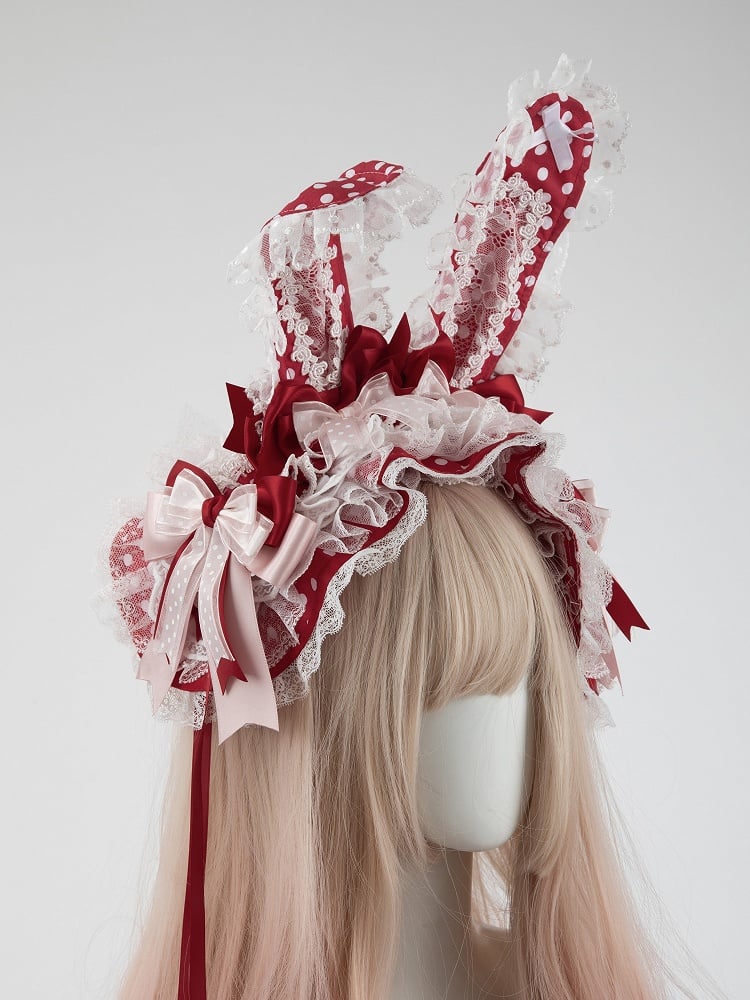 Bunny Hairband + Removable Red Ear Wide Polka-Dot Set Bundle