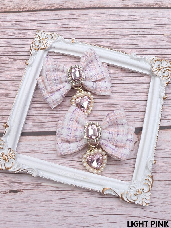 Jirai Tweed Charm Bowknot Heart 6 Hairclip Rhinestone Color Kei Options