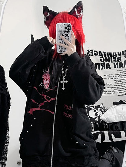 Zip-up Studs And Kawaii Guro Hoodie Cat Decorated Letter Black Ear Print Heart