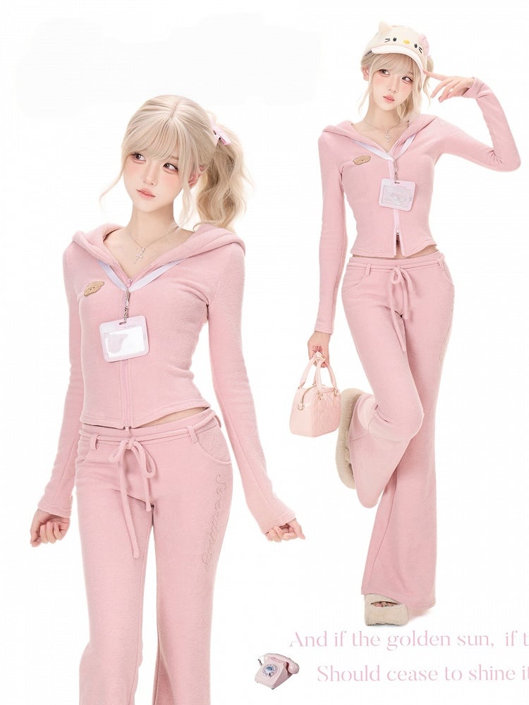 Hooded Jacket Pink Fitted Long Sleeve Bear Embroidery - serendipity