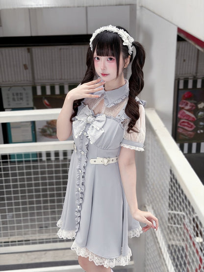 Light Blue Fake Two Piece Lace Patch Short Sleeve Dress - Puppet Bombs