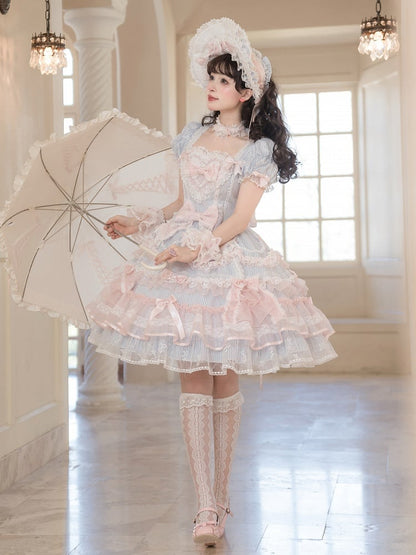 Short Sweet Lolita Princess and Details Bows Pink Blue Striped Dress Bead Sleeves