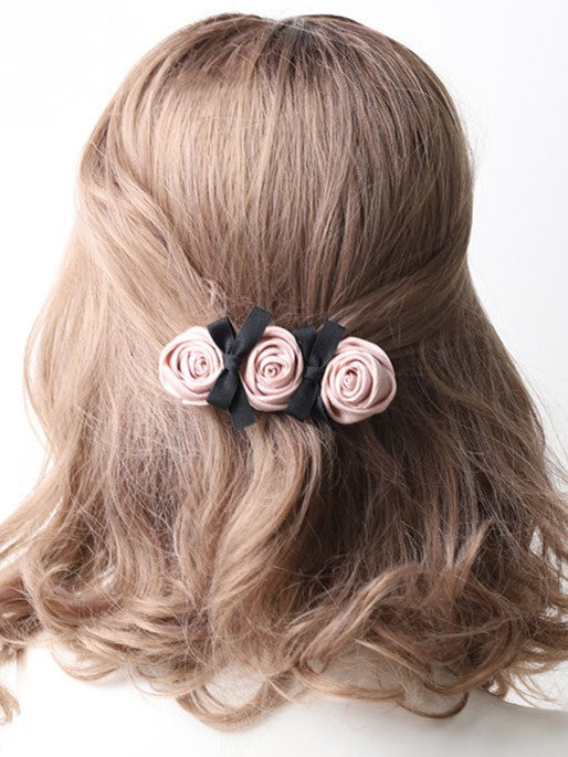 4 Black Options Lolita Pink Hairclip Rose Bowknot