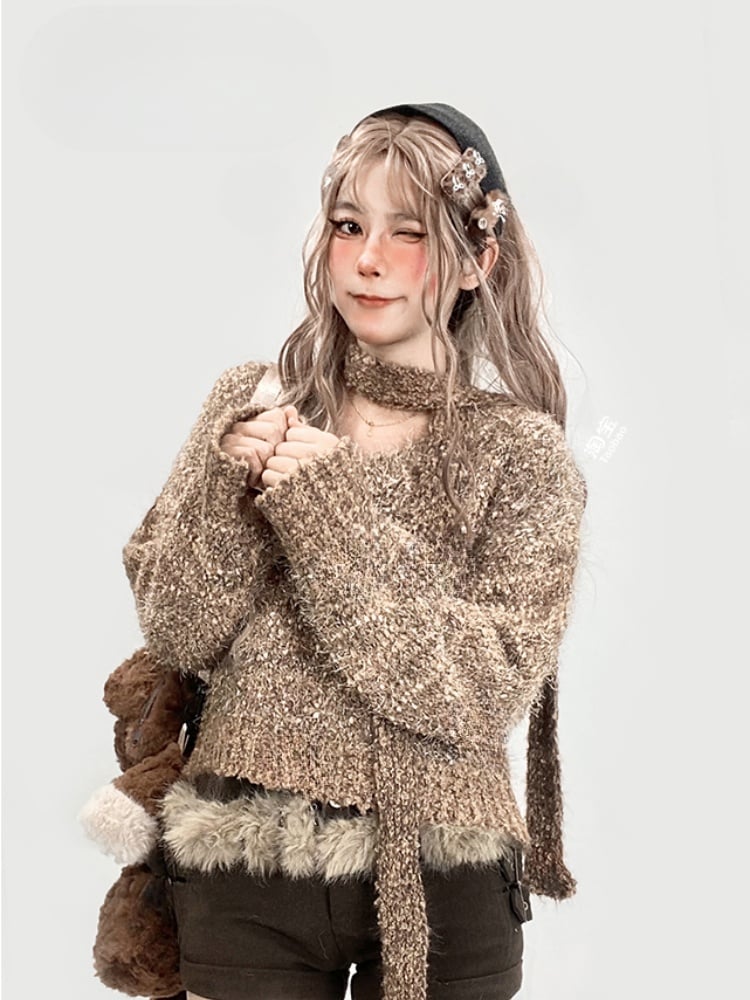 カーキ色のVネックセーター（スカーフ付き）