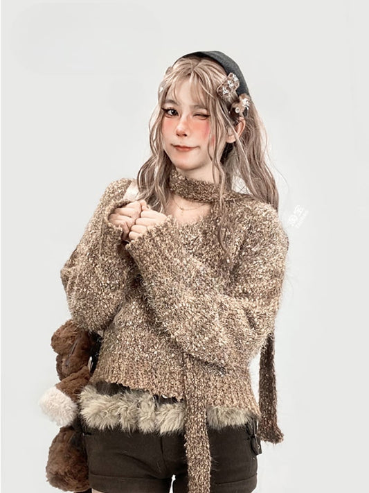 カーキ色のVネックセーター（スカーフ付き）