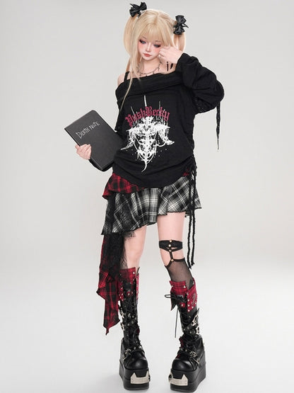 Y2K ブラック/ホワイト クロスプリント カットアウトディテール オフショルダー ネックライン パンクトップ