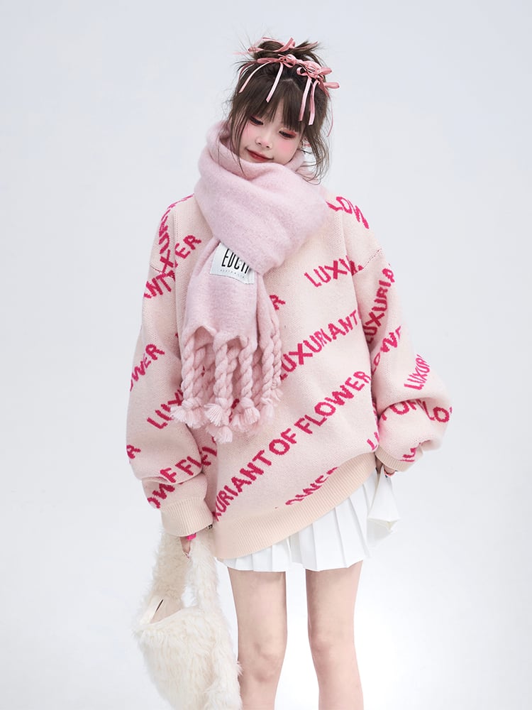 Vibrant Lettering Crewneck Pullover Sweater with Knit Pink