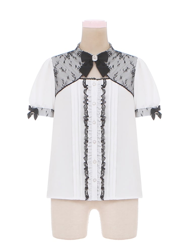 ブラック ジライケイ ホワイト カットアウト レーストリム 蝶結び フリルディテール ブラウス