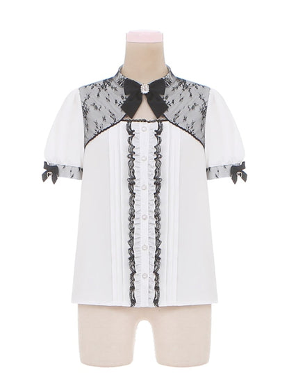 ブラック ジライケイ ホワイト カットアウト レーストリム 蝶結び フリルディテール ブラウス