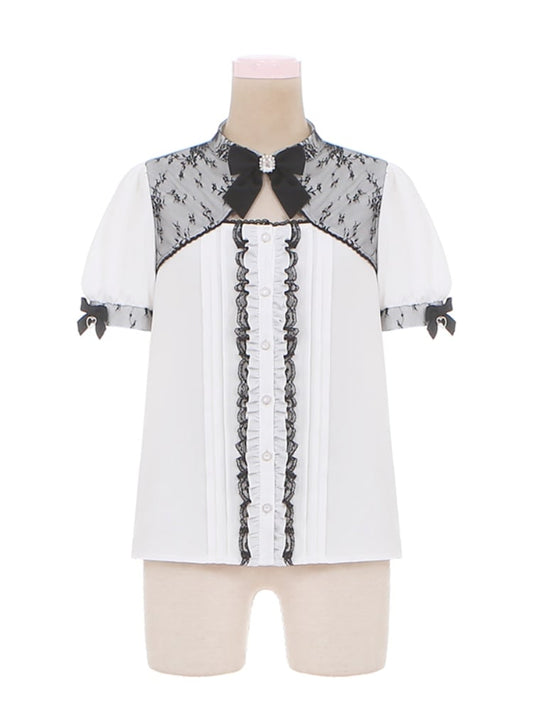 ブラック ジライケイ ホワイト カットアウト レーストリム 蝶結び フリルディテール ブラウス