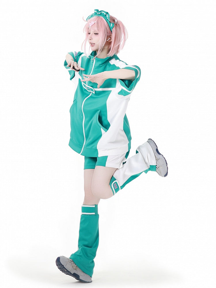 Jirai Kei Sports Shorts White Colorblock Design Green