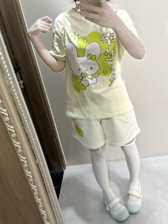 Leaf Lucky Clover and Bunny Print Apricot Four Cotton T-shirt