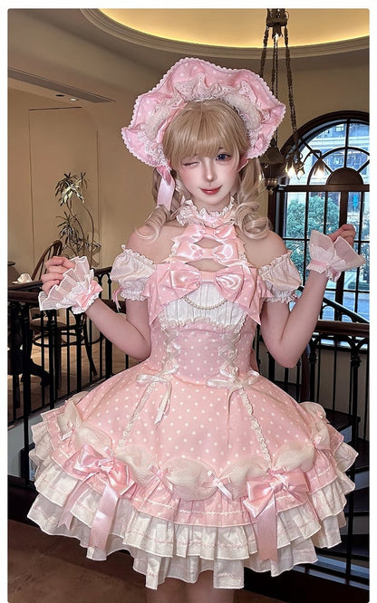 Sleeves Polka and Pink Old with Dress Lolita Accents Bow Neck Halter Dot Puff School
