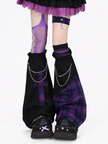 Black & Purple Plaid Leg Warmers with Chain Decor - CRAZY GIRL