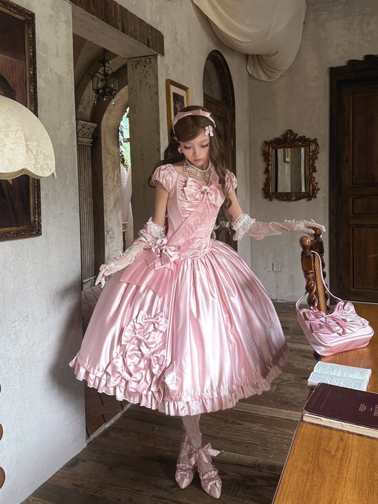 Soft Pink Lolita OP Dress with Satin, Lace and Butterfly Bowknot Details - Snow Lolita