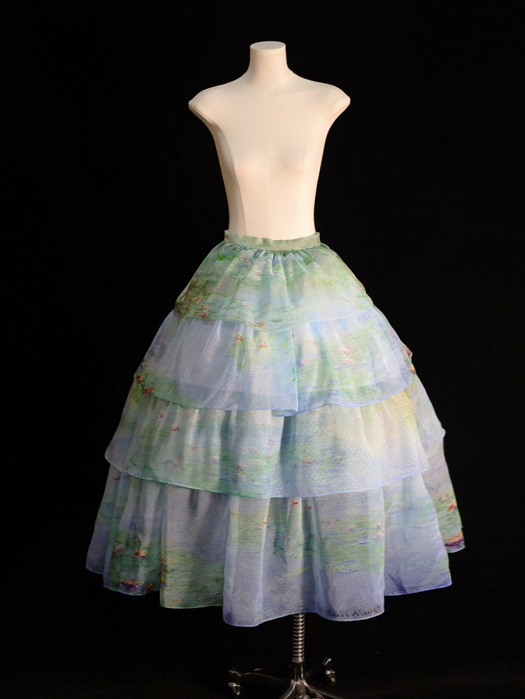 Sky Organza Tiered Skirt Blue/Light Pink/Purple/Green Oil Painting Print