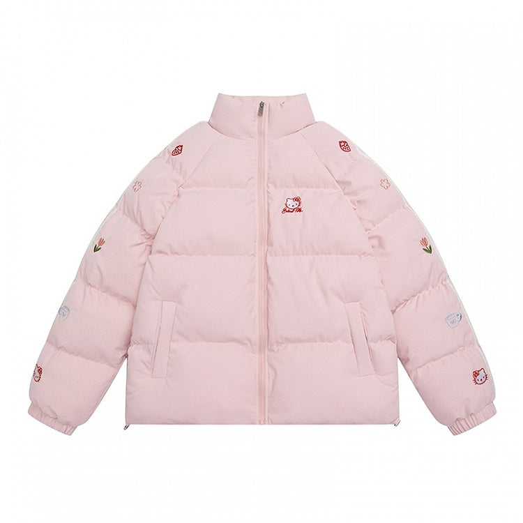 ホワイト/ピンクのキティ刺繍ハイネックパファージャケット