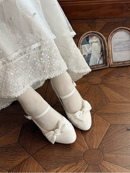 White Elegant Mary Janes for Lolita - PU Leather with Bow Details & Heart Closure
