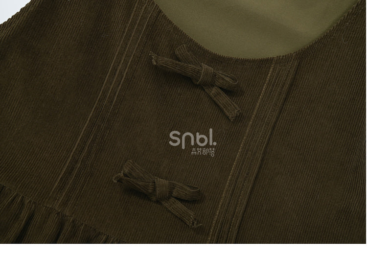 Green Mori Kei Bowknot Details Corduroy Overall Dress