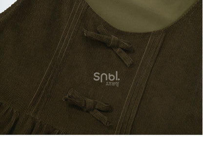 Green Mori Kei Bowknot Details Corduroy Overall Dress