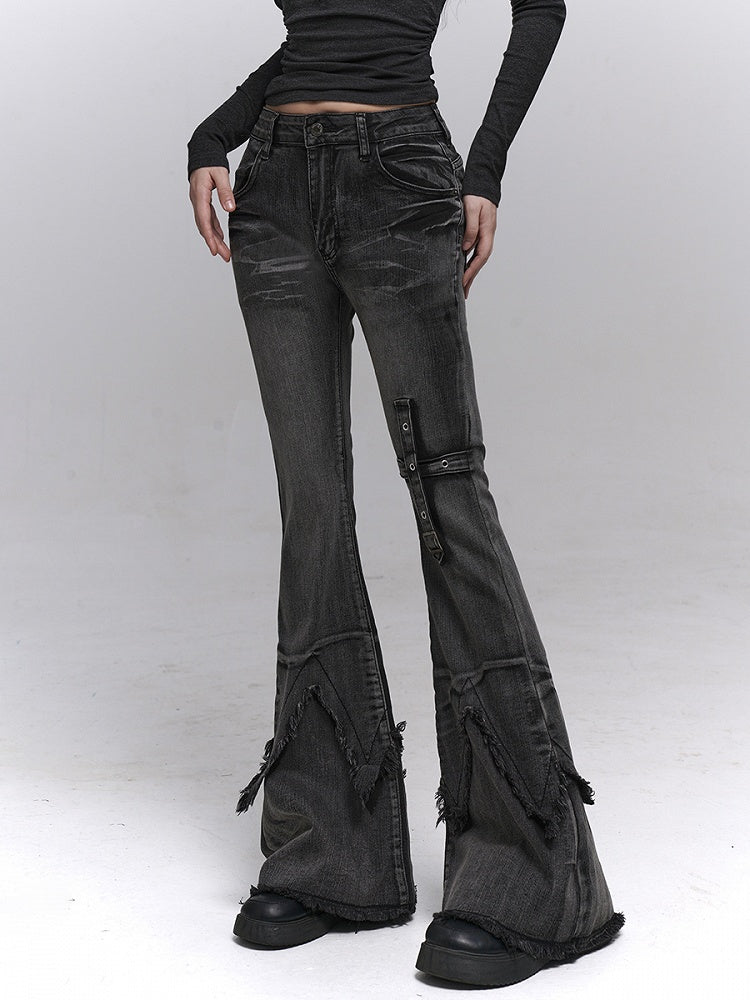 Hem Black-Grey Jeans Raw Inverted Wash Design Vintage Flared Triangle with